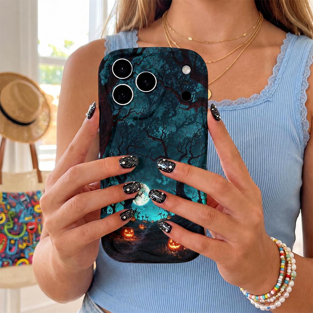Wavy Edge Phone Case For iPhone 16 15 14 Pro Max 13 12 Mini 11 XR XS SE Halloween Moon Dead Tree Pumpkin Cover