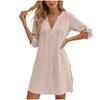 Women’s V Neck Button Down Tunic Shirt Dress with 3/4 Roll Tab Sleeves and Pintuck Front Casual Loose Fit