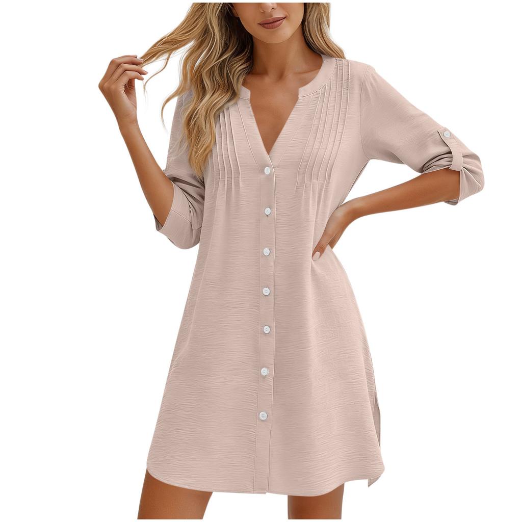Women’s V Neck Button Down Tunic Shirt Dress with 3/4 Roll Tab Sleeves and Pintuck Front Casual Loose Fit