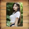 Modern Korean Girl Metal Tin Sign - White Tee Portrait Wall Art for Home, Cafe & Bar