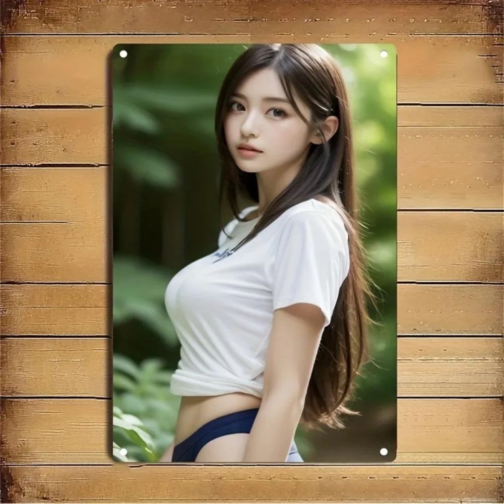 Modern Korean Girl Metal Tin Sign - White Tee Portrait Wall Art for Home, Cafe & Bar