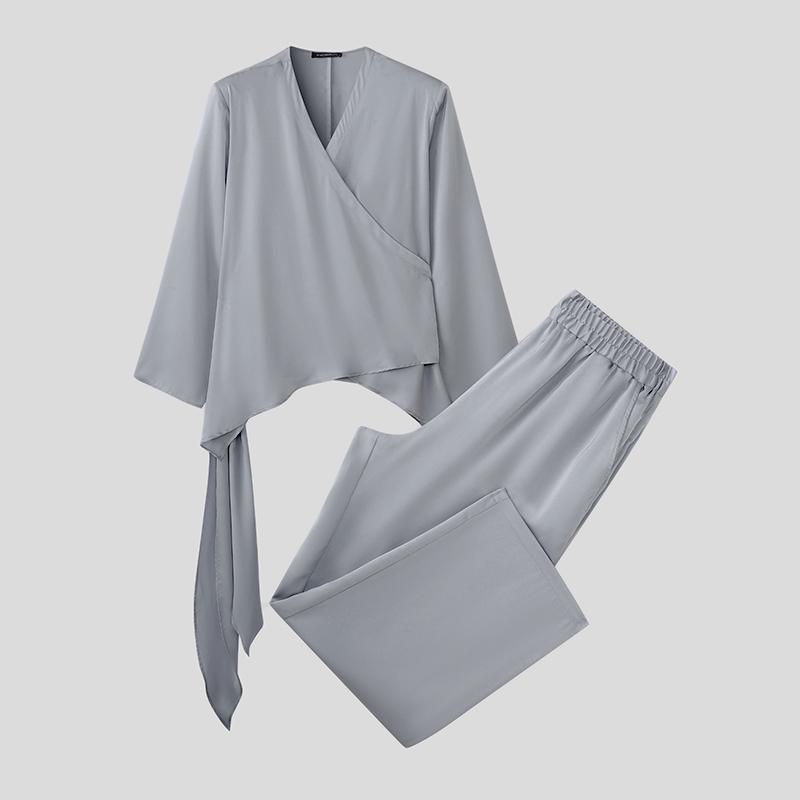 INCERUN 2PCS Men Long Sleeve Irregular TopsLong Straight Pants Sets Two Pieces Outfits