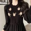 Elegant Fashion Autumn Winter Women Midi Dress O Neck Floral Knitting Corduroy Patchwork Dress Vintage Full Sleeve Warm Dress