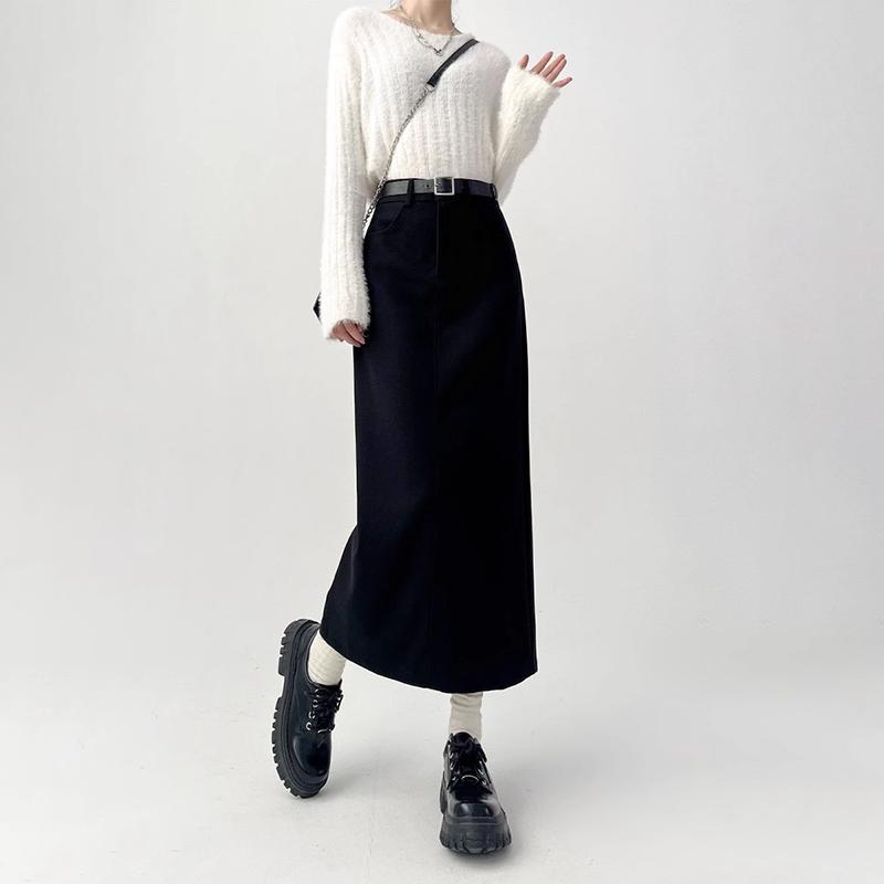 Women Split Suit Midi Skirts Summer Slim High Waist A Line Skirt Female Elegant Casual Office Lady Korean Vintage Black
