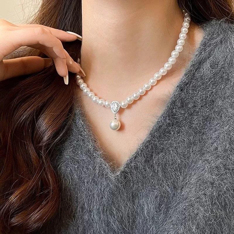 Pearl Zircon Teardrop Necklace French Style All-match High-end Pendant Light Luxury Clavicle Necklace Pearl Necklace for Women