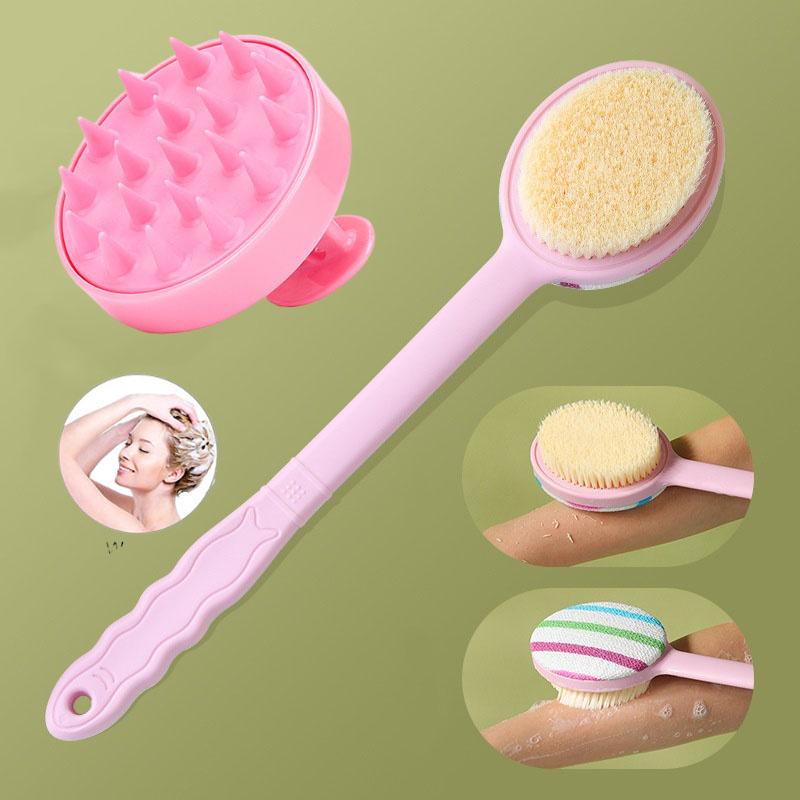 

2pcs/set Bathing Tools Double-sided Bath Brushes Silicone Hair Washing Comb Back Scrubbing Exfoliating Body Massage Sponge Tools розовый