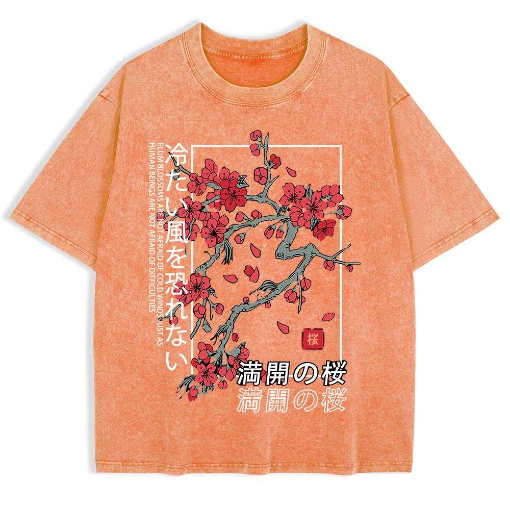 Japan Tokyo Körsbärsblomma Tryckta Tvättade T-shirts Herr Bomull Kortärmade Toppar Sommar Rund Hals Överdimensionerad T-shirt Kläder