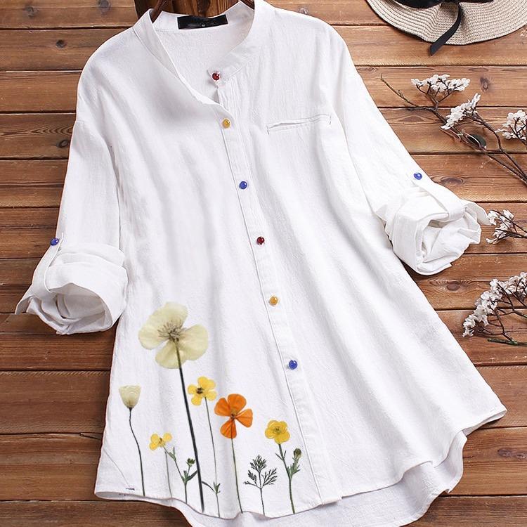 Women's Button Down Round Neck Shirt Classic Long Sleeved Fashion Shirt Floral Pattern Office Work Shirt Blouse