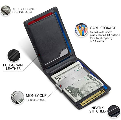 SERMAN BRANDS Portafoglio con Fermasoldi - Portafoglio da Uomo Sottile per Tasca Anteriore Porta Carte con Blocco RFID Pieghevole Mini Minimalista, 4,3 pollici x 3,1 pollici x 0,6