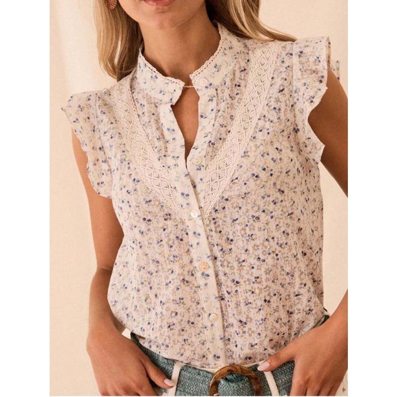 Women stand collar sleeveless floral blouse ruffle lace spliced loose fit casual spring vacation top S абрикосовый