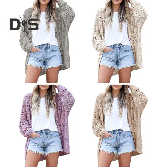 Women Knitted Coat Hollow Out Loose Long Sleeve Pure Color Knitwear Cardigan Mid Length Loose Elastic Spring Autumn Jacket