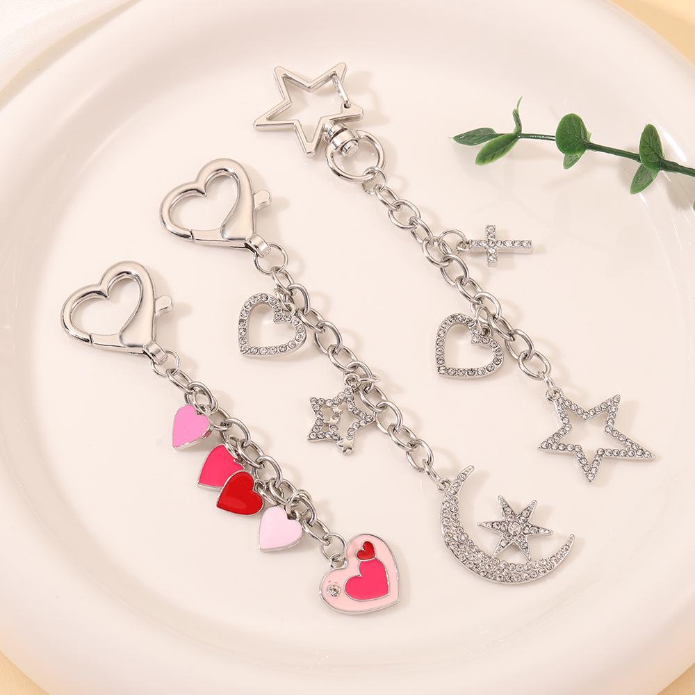 Heart & Star Keychain Pendant - Cute Peach Heart and Moon Design Bag Accessory
