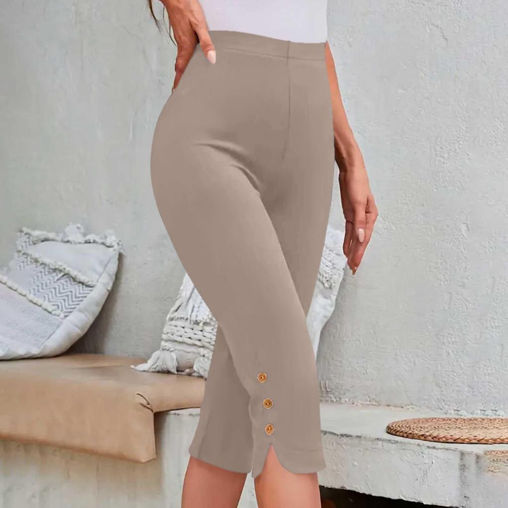 Women's Fashionable Solid Color High Waist Slimming Casual Elastic Waist Bottom Cropped Pants