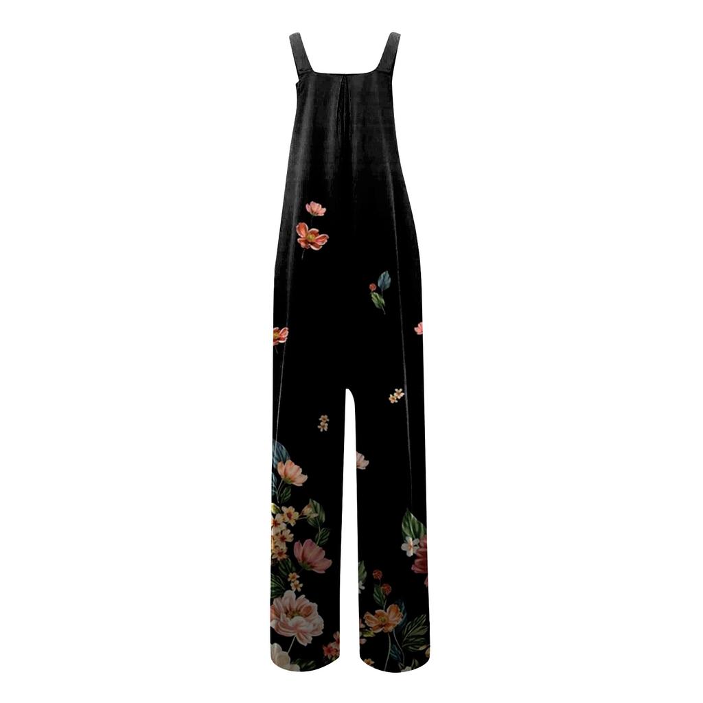 Women's Casual Loose Printed Sleeveless Tank Top Jumpsuit Square Neck Gathered Wide Leg Jumpsuit With Pockets