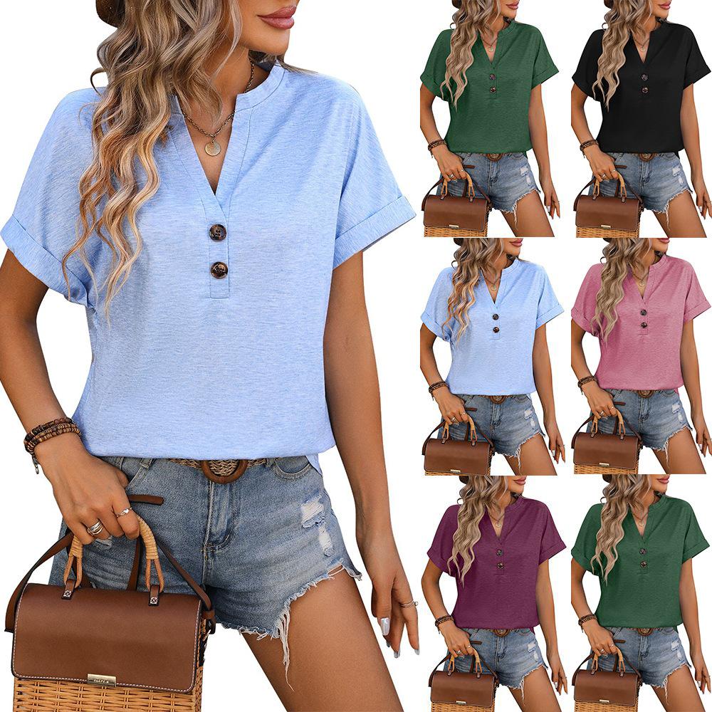 Spring Summer V-neck Button Solid Color Cotton Loose Short Sleeved T-shirt for Women Shirt
