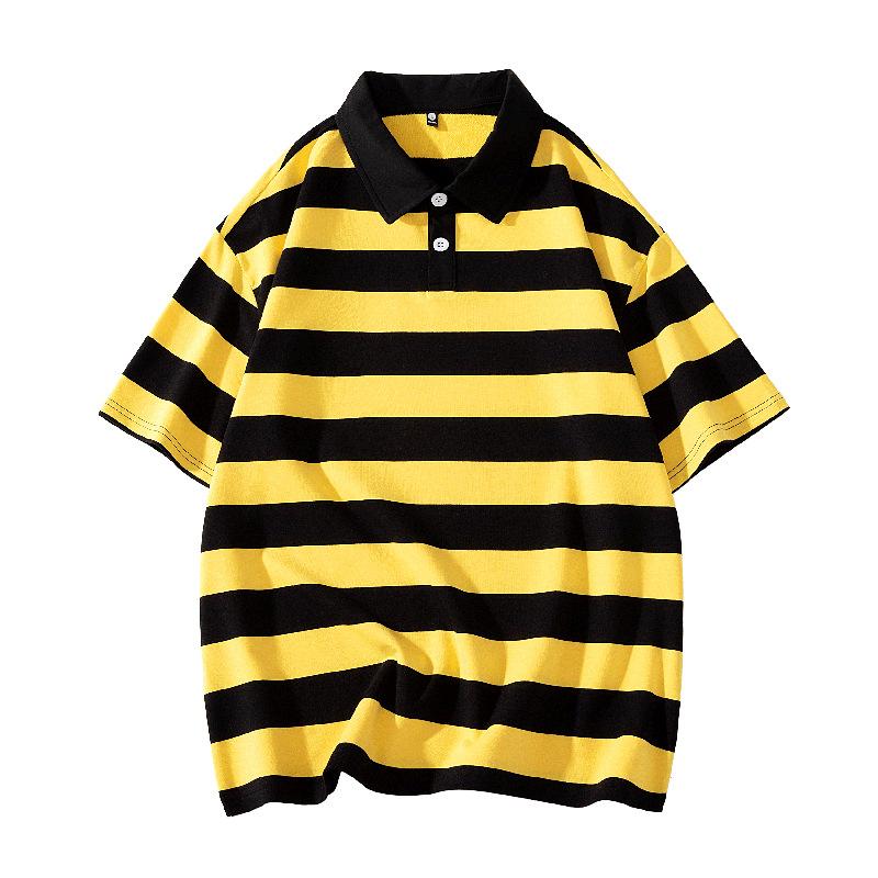 Men and Women Summer Loose Solid Color Couple Hong Kong Style Double Pearl Cotton Short Sleeved T-shirt Polo Collar Shirt