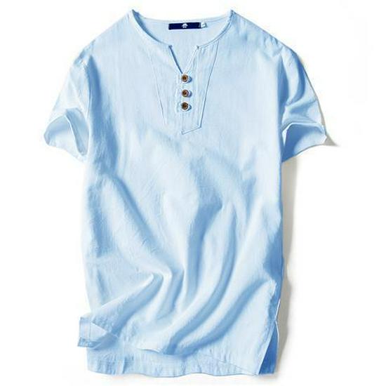 Men's Chinese-Style V-Neck Linen T-Shirt - Short-Sleeved, Solid Color, Summer Cotton Blend