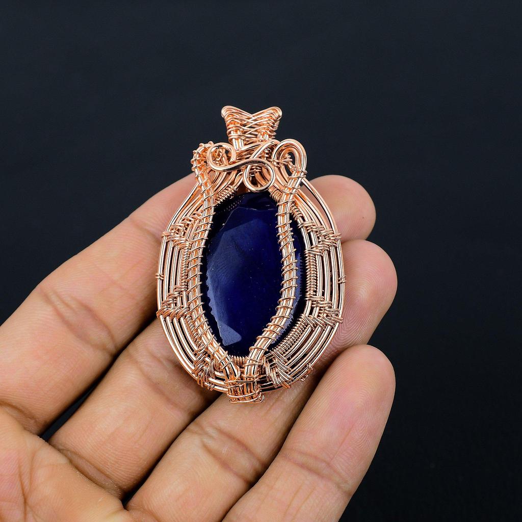 Blue Sapphire Pendant, Handmade Gemstone Pendant, 999 Copper Wire Wrapped Pendant Antique Jewelry, For Engagement Gift