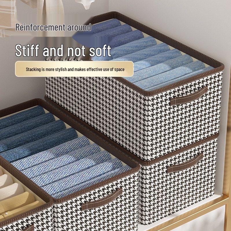 Houndstooth Fabric Wardrobe Organizer Box: Foldable Layered Storage for Clothes and Pants