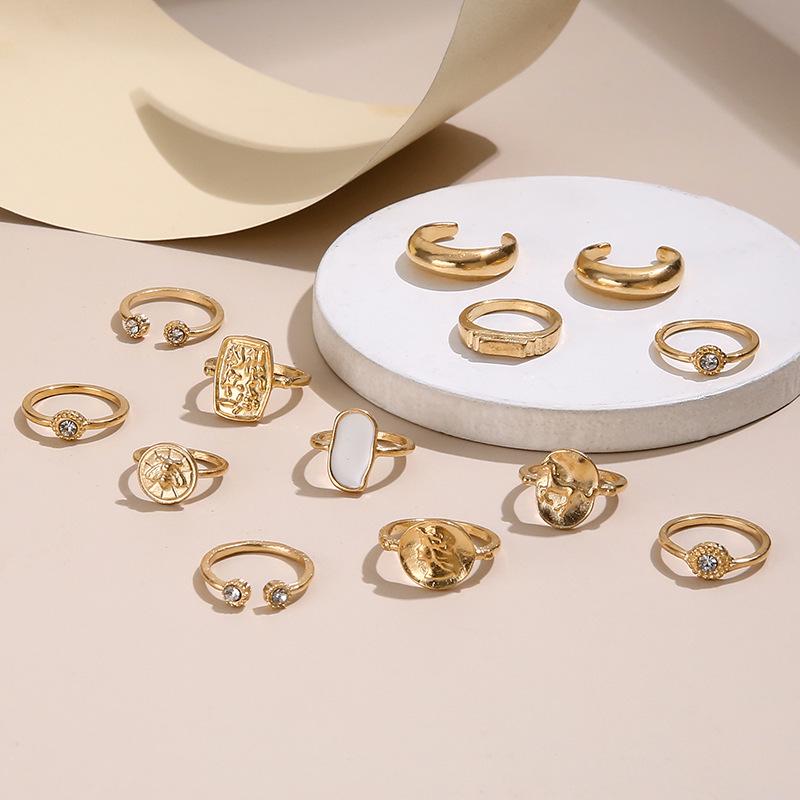 13-Piece Adjustable Open Opal Ring Set with Diamond-Set Hollow Relief Portraits for Women