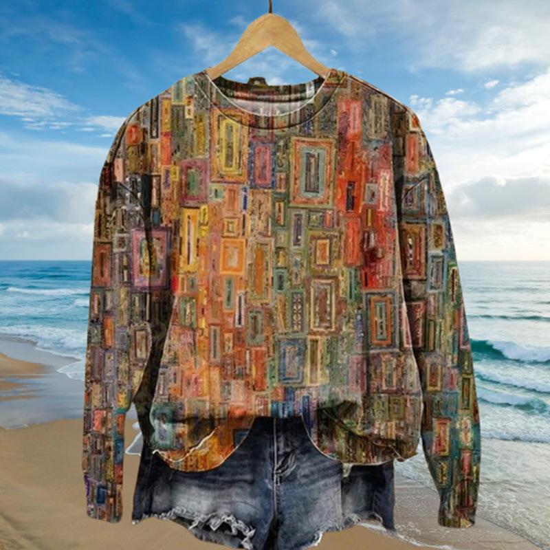 Retro Floral Plus Size Pullover Hoodie - Loose Fit, Colored Pattern