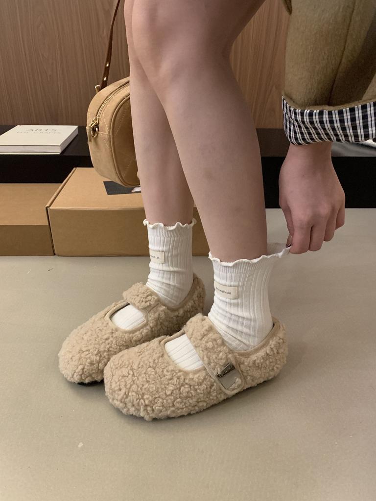 One-word Mary Jane fluffy shoes, winter outer wear velvet warm single shoes, thick-soled gray Birkenstocks