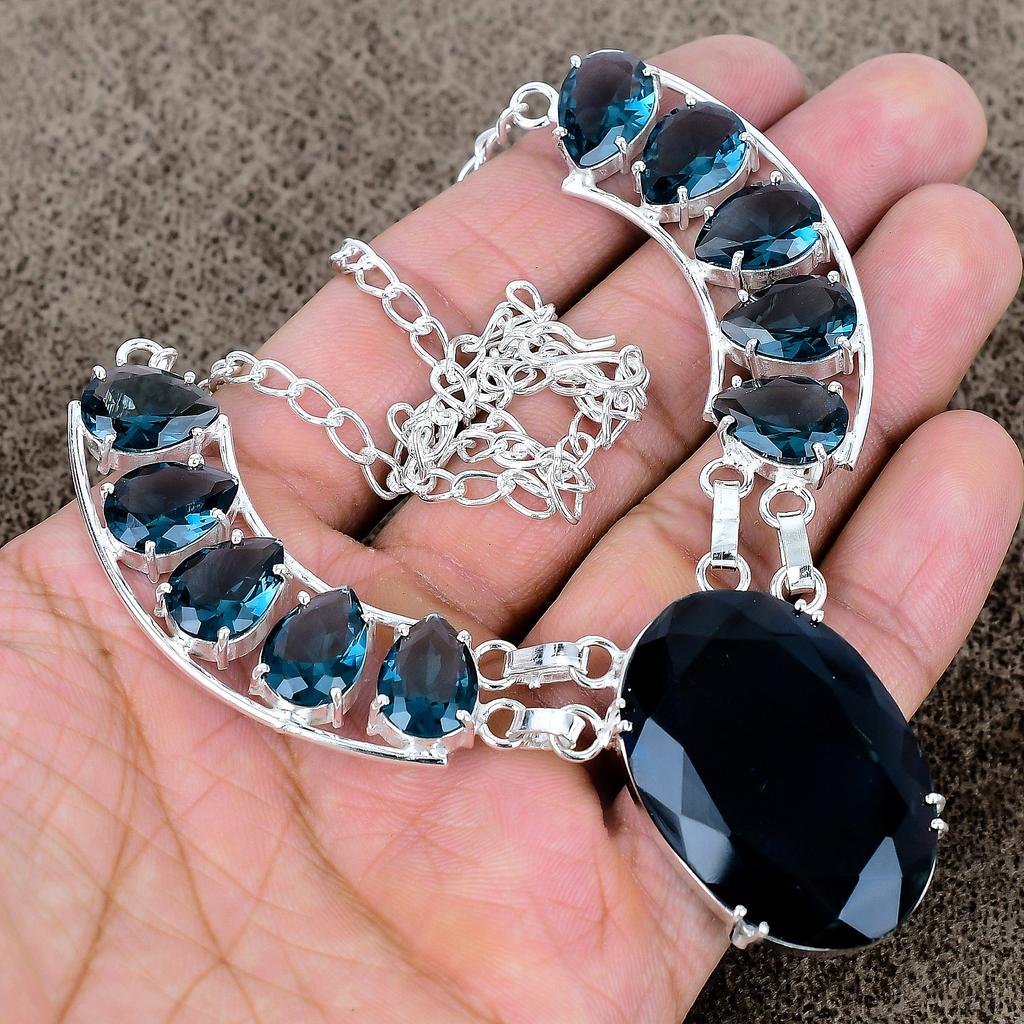 Black Spinel, Iolite Gemstone 925 Sterling Silver Jewelry Necklace 18" KKG-419