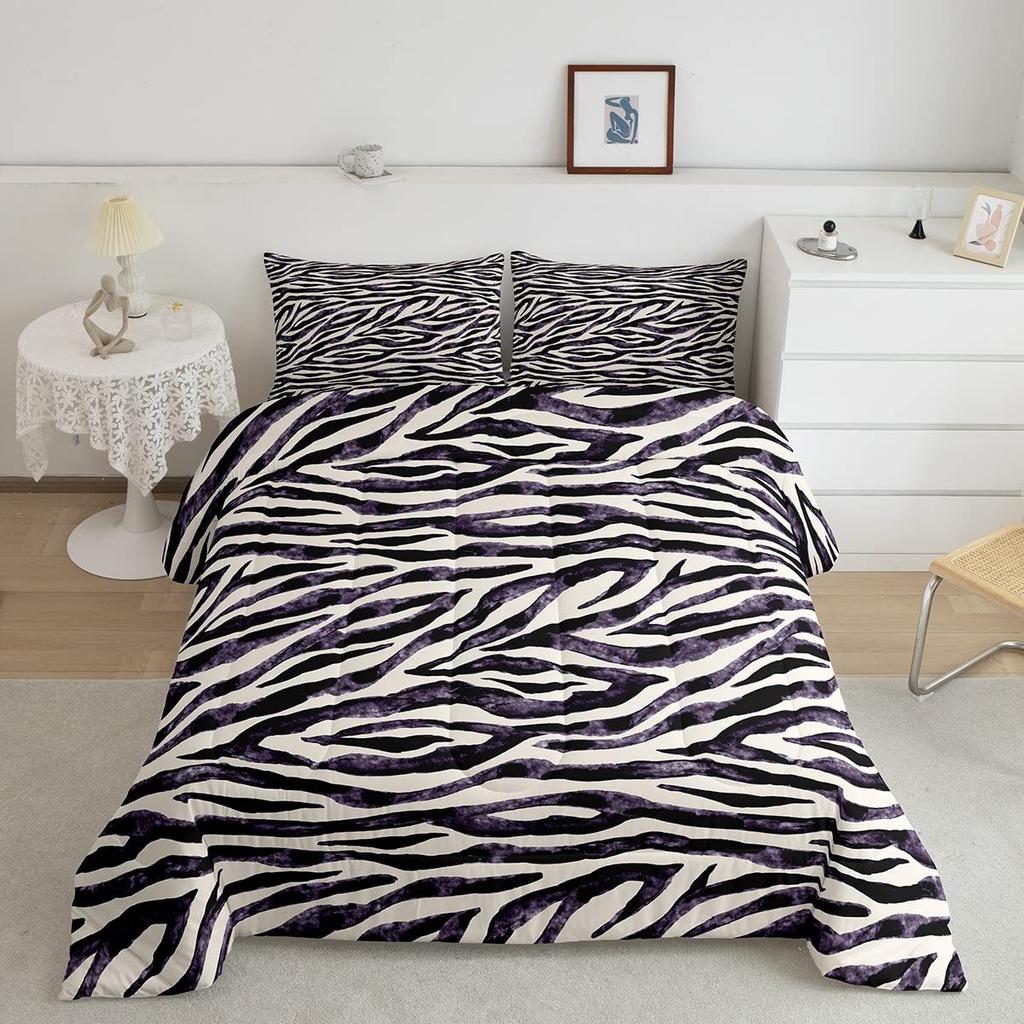 Zebra Print Bedding Set, Striped Zebra Animal Print Decorative Quilted 3 Piece Comforter Cover With 2 Pillow Shams, King Size