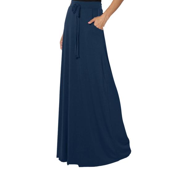 Women Maxi Skirt Adjustable Drawstring High-Waisted Solid Color Long Skirt with Pockets Casual Work Skirt