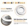 340pcs 304 Stainless Steel Flat Washers, M2-M2.5-M3-M4-M5-M6-M8-M10 Set.