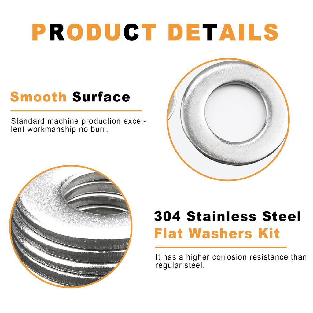 340pcs 304 Stainless Steel Flat Washers, M2-M2.5-M3-M4-M5-M6-M8-M10 Set.