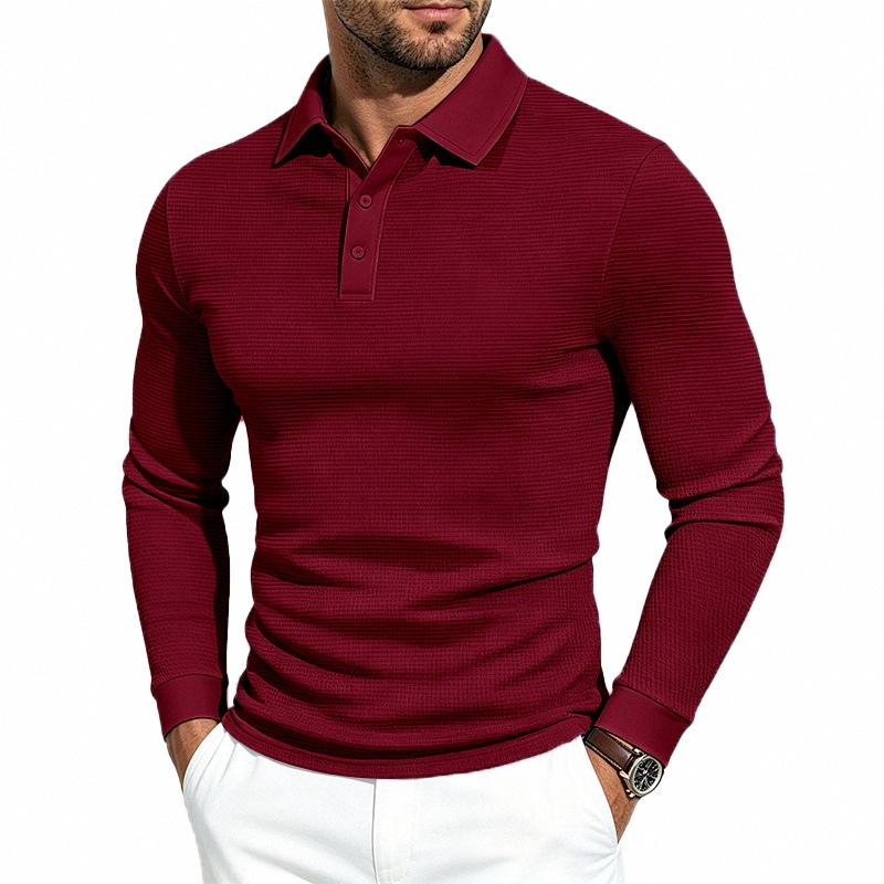 Men S Vintage Casual Waffle Knit Long Sleeve Polo Shirt