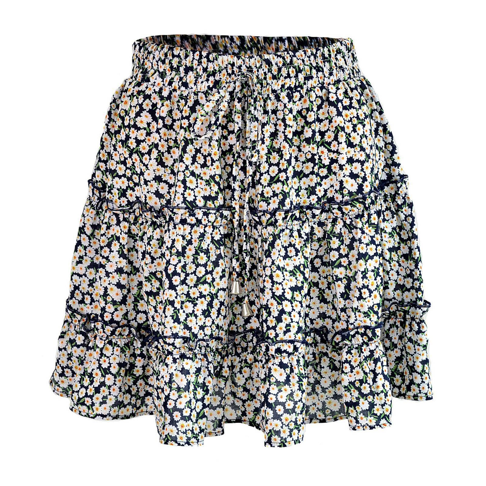 

Women s High Waist Ruffled Floral Skirt A-line Short Skirt S тёмно-синий