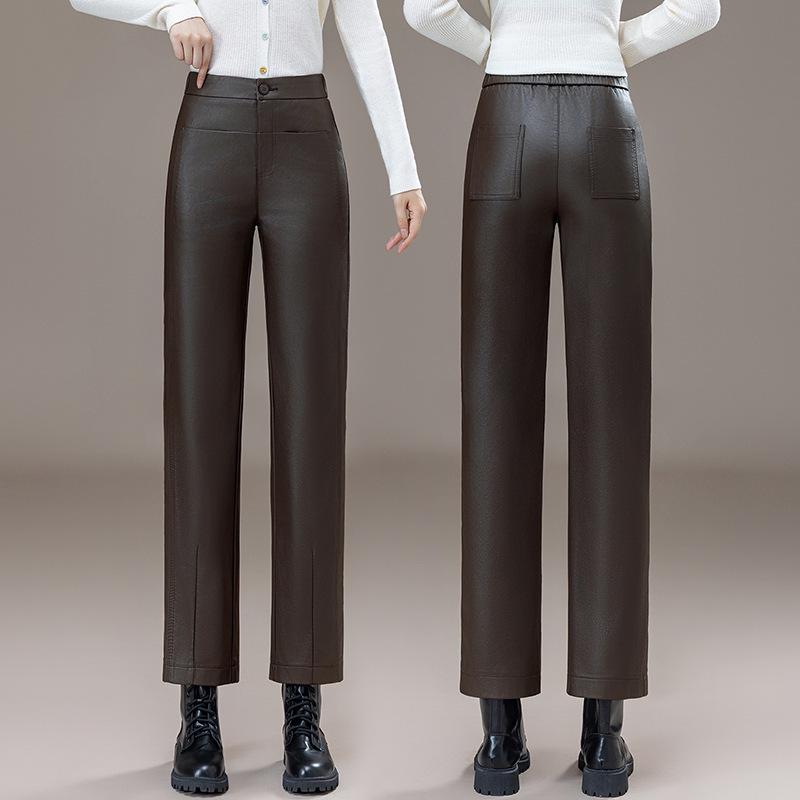Damskie spodnie z owczej skóry z wysokim stanem i szerokimi nogawkami na Jesień/Zimę 2025 - Wszechstronna moda, Duży rozmiar, Długie proste spodnie