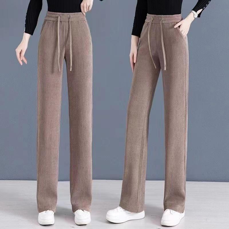 Slim Wide Leg Corduroy Pants Women Winter Fleece Lined Draping Tapered Trousers
