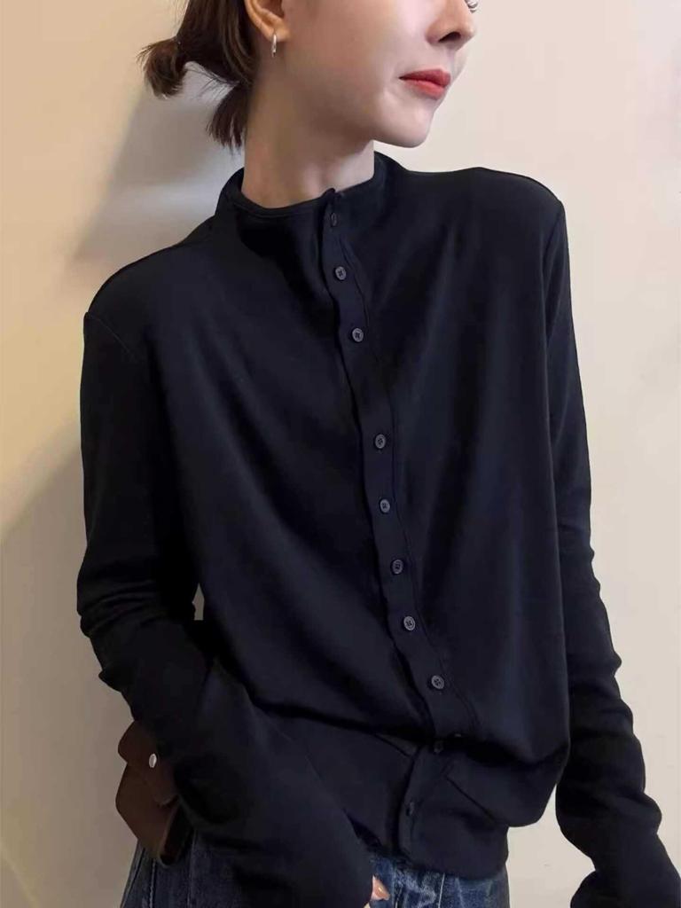 A/W White Half-High Collar Long Sleeve Button-Up Women's Slimming Cardigan Top