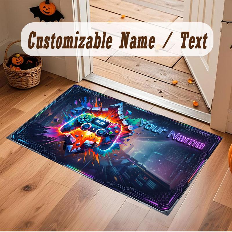 City Cyberpunk Theme Crystal Velvet Floor Rug Personalized Custom Name Text Warm Carpet Home Decoration