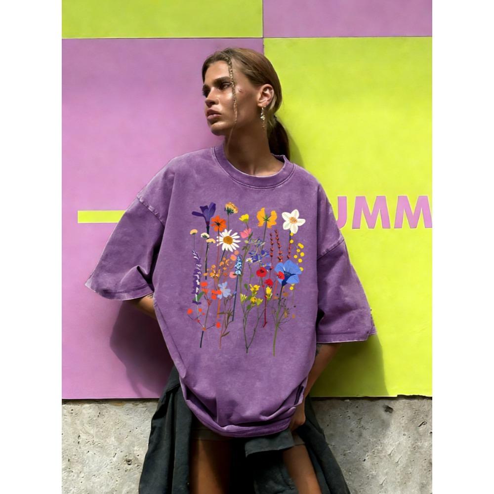 

Flowers That Strive To Grow Print Washed T-Shirt Women Cotton Summer Short Sleeves Loose Breathable T Shirts Streetwear 3XL