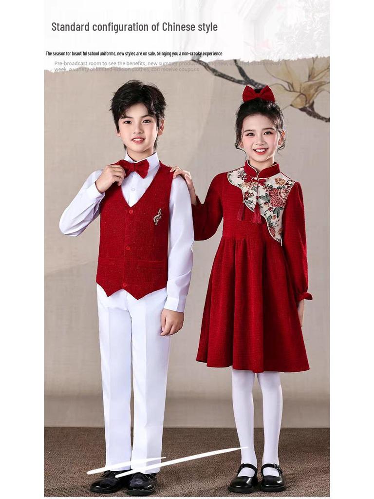 Children's New Year's Red Performance Costume for School Speech and Poetry Competitions