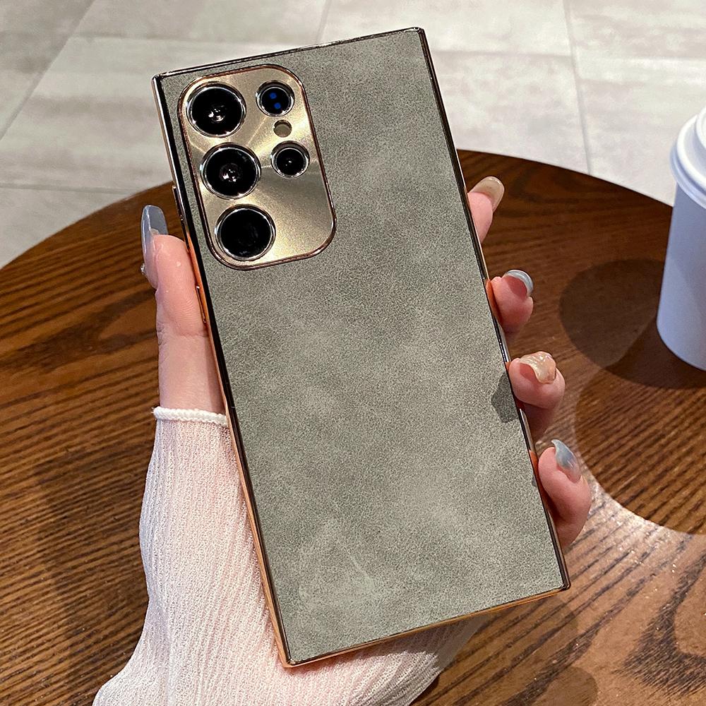 Luxury Plating Matte Suede Leather Case For Samsung Galaxy S25 S24 Ultra S23 S22 Plus Camera Protection Shockproof Bumper Cover
