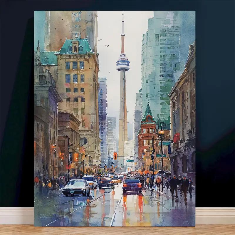 No Framed Toronto Skyline Watercolor Painting Modern Canvas Art with Vibrant Cityscape 21X30CMNo Framed