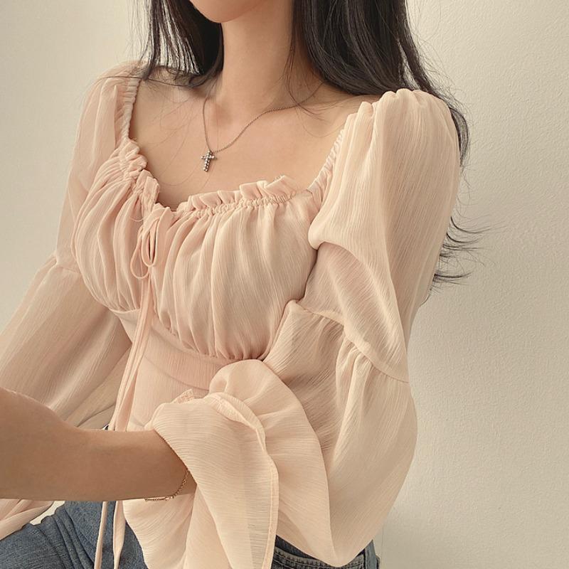 Korean Chic One-Shoulder Ruffled Puff Sleeve Chiffon Top