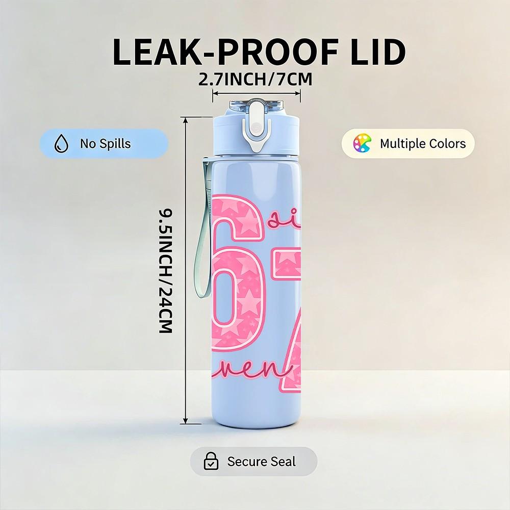 1PC Pink Number 67 Girly Text Print 750ml Color Plastic Sports Water Bottle Leakproof Flip Straw Lid Suitable for Sports Office Home Use