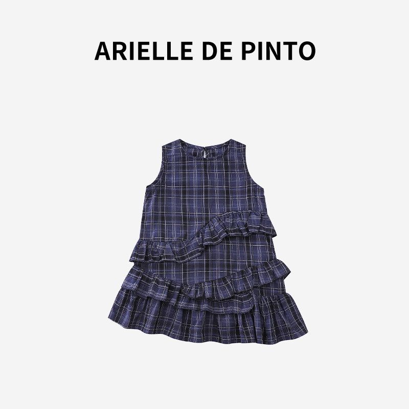 French Arielle De Pinto Korean-Style Summer Fashion Plaid Ruffle Sleeveless Dress for Children and Young Kids Navy Blue Plaid 110