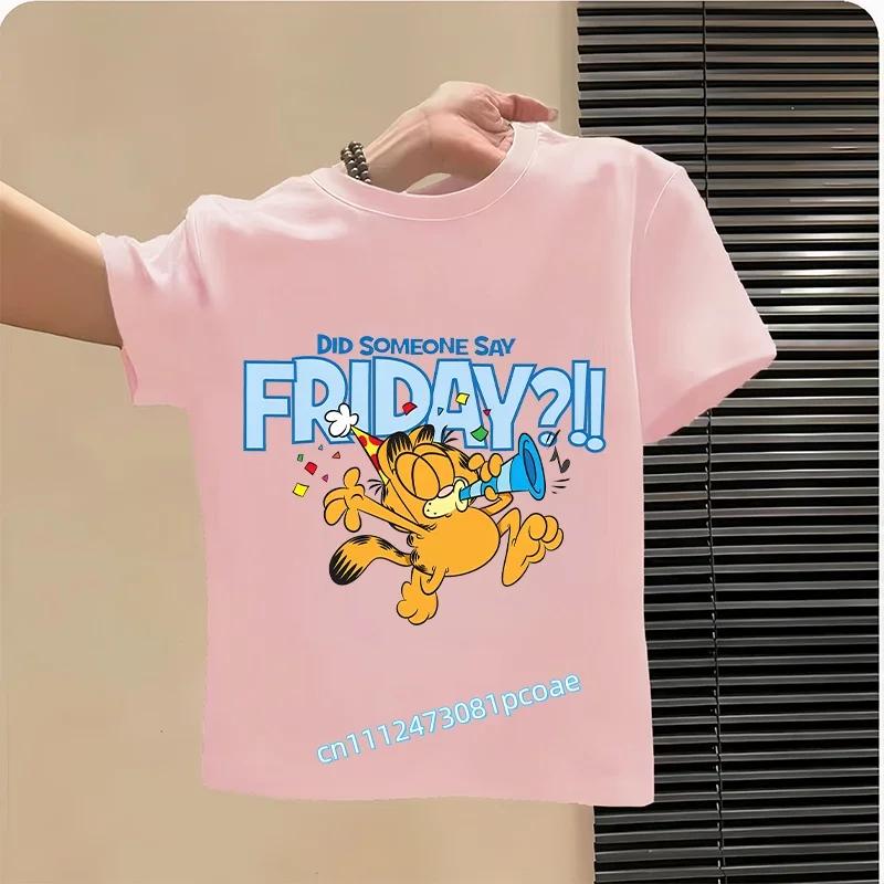boys' sports shirt, girls' casual top with cartoon print, summer T-shirt Garfield's new children's pure polyester short-sleeved