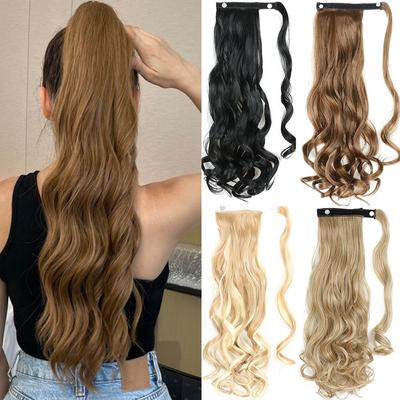 Extension per capelli sintetici da 22 pollici, con clip ondulate, avvolgenti, in coda di cavallo, biondo nero, pezzo di capelli naturali