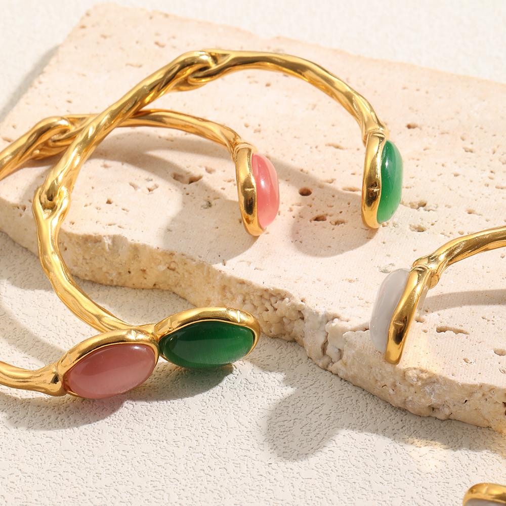 MamacitaSlay 316L Stainless Steel Textured Natural Stone Cuff Bangle 18K Gold Plated Waterproof Jewelry For Women Open Bracelet