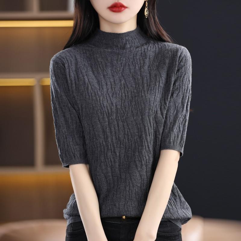 Women's Tight Fitting Knitted Turtleneck Sweater with Short Sleeves for Spring Autumn Versatile Undergarment