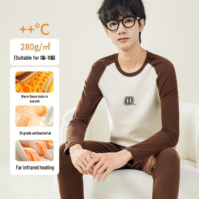 Teen Boys' Warm Cotton Wool Underwear Set - Autumn/Winter Base Layer Top & Trousers