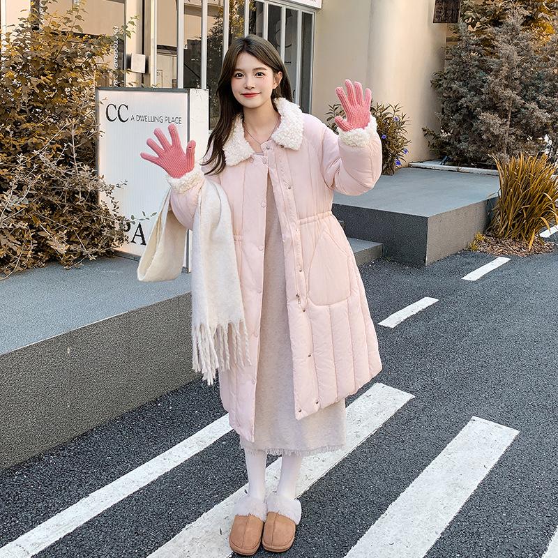 2025 New Lamb Wool Collar Waist Women's Long Down Cotton Clothes Solid Color Single-breasted Loose Coat